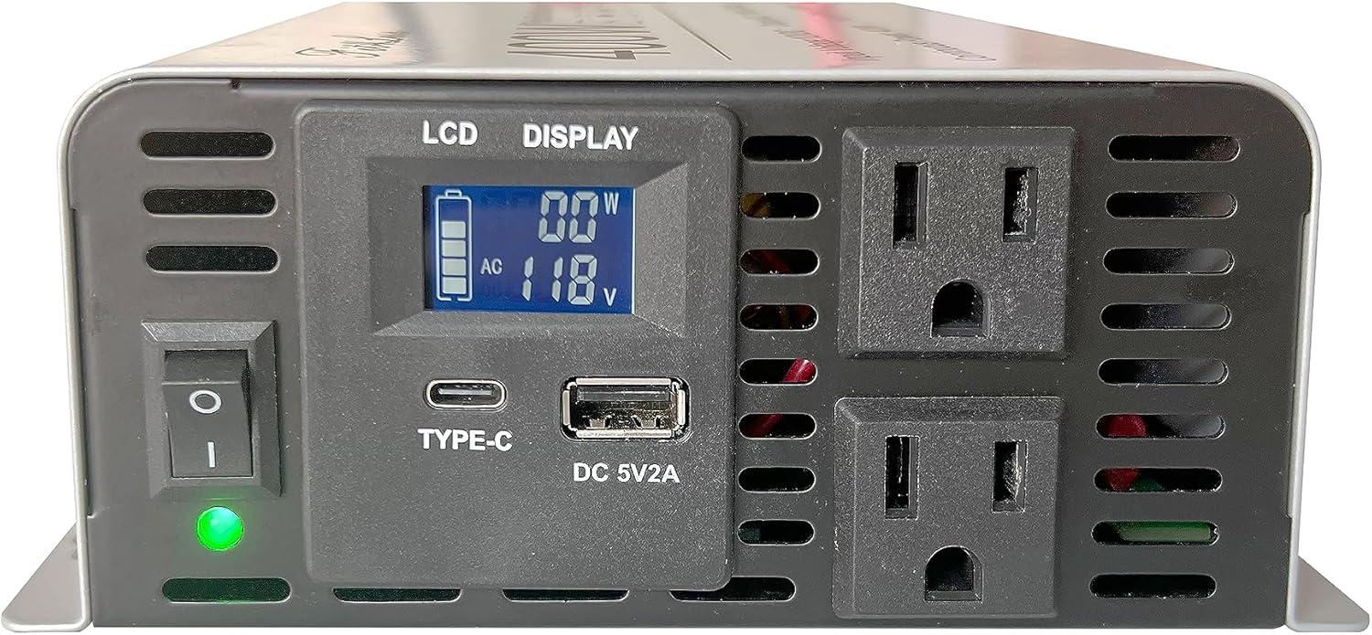 Inversor de onda sinusoidal pura, entrada de CC de 12 V y salida de CA de 110 V con pantalla LCD, puerto de salida USB, puerto de salida tipo C (500