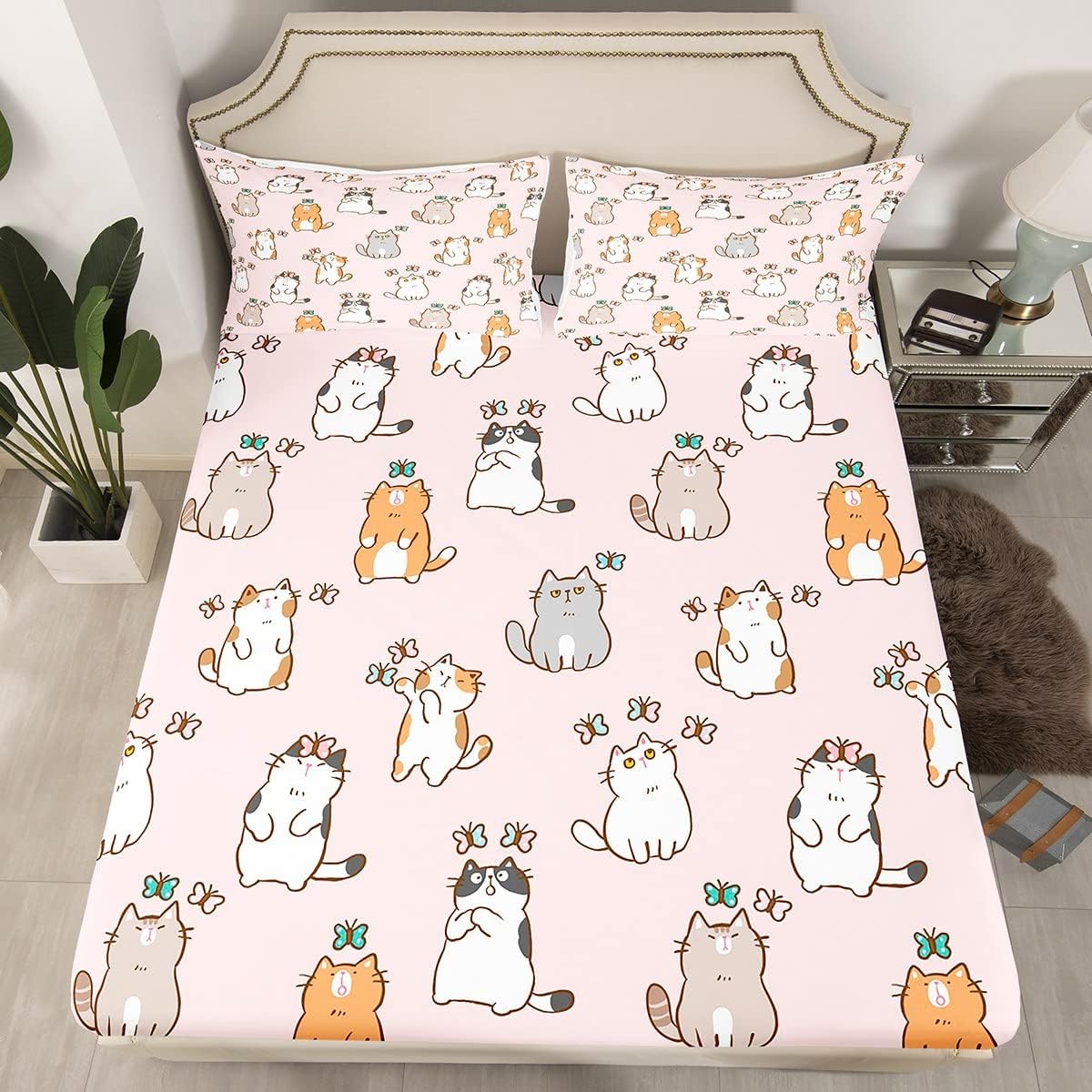 Erosebridal Juego de sábanas de dibujos animados de gatos, juego de sábanas de mariposa de gato Kawaii para niñas, niños y adolescentes, lindas