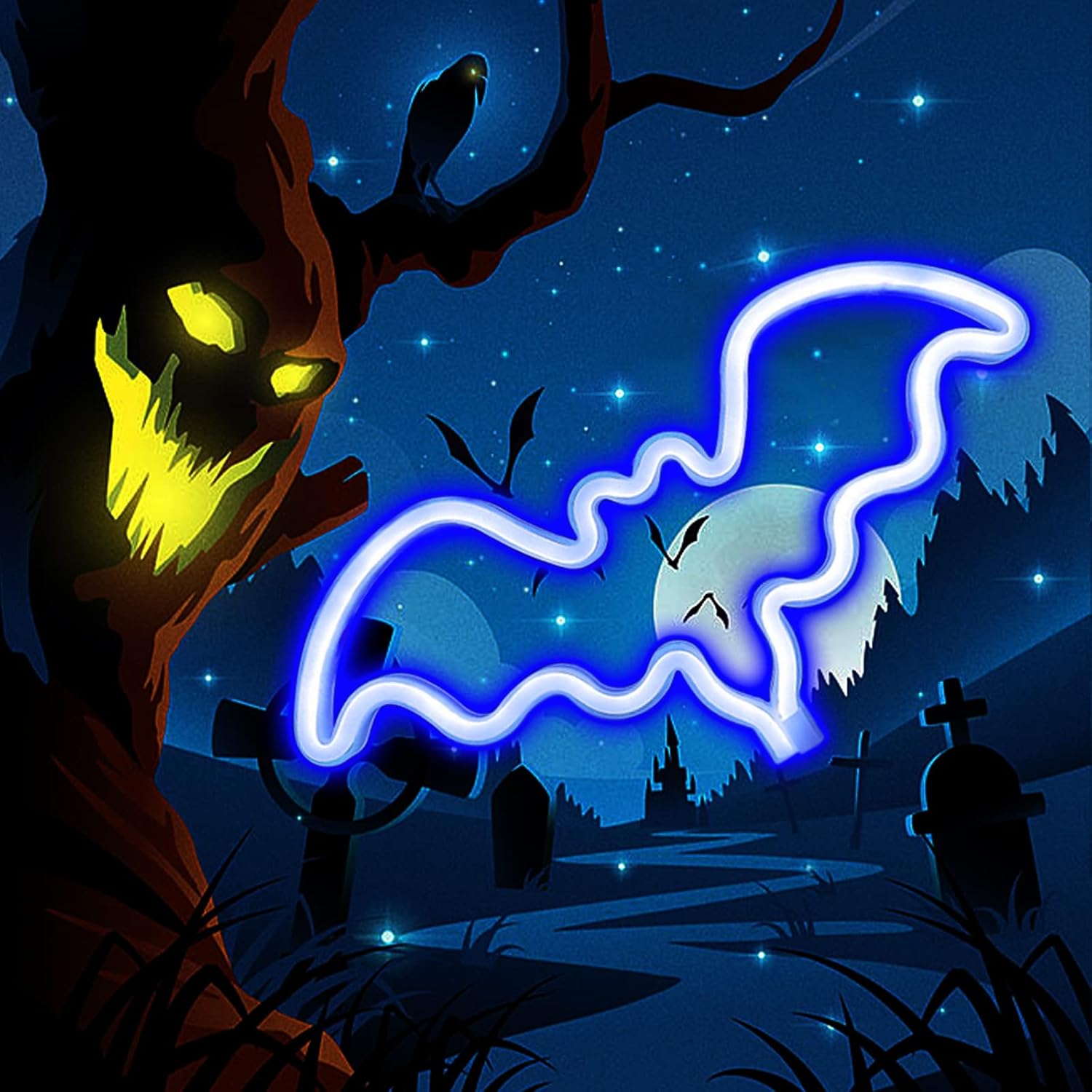 UrsaMajor Letreros de neón de murciélago para Halloween, luces decorativas de neón azules, luces LED de neón para pared, funciona con bateríasUSB,