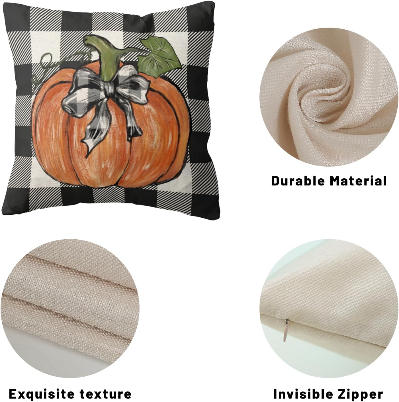 QANOK Juego de 2 fundas de almohada de otoño de 20 x 20 pulgadas, decoración de otoño, a cuadros, calabaza, para exteriores, otoño, Acción de