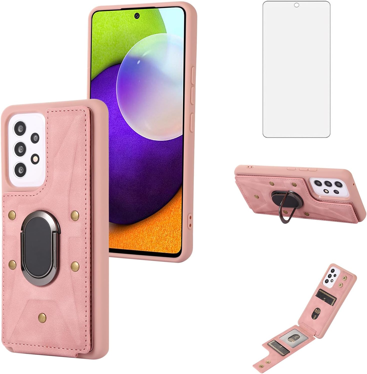 Asuwish Funda de teléfono para Samsung Galaxy A52A52S 5G Funda tipo cartera con protector de pantalla de vidrio templado y soporte de anillo para