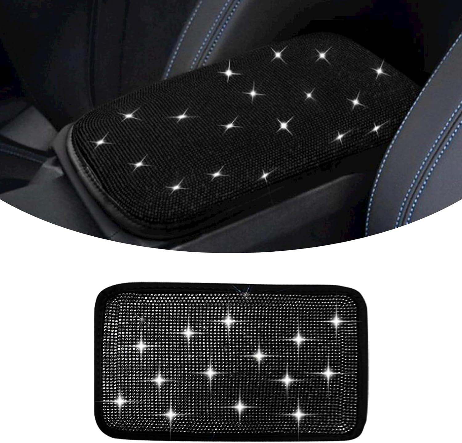 1 protector brillante para reposabrazos de automóvil, 8.66 x 11.81 pulgadas, con diamantes de imitación, banda elástica montada en la consola