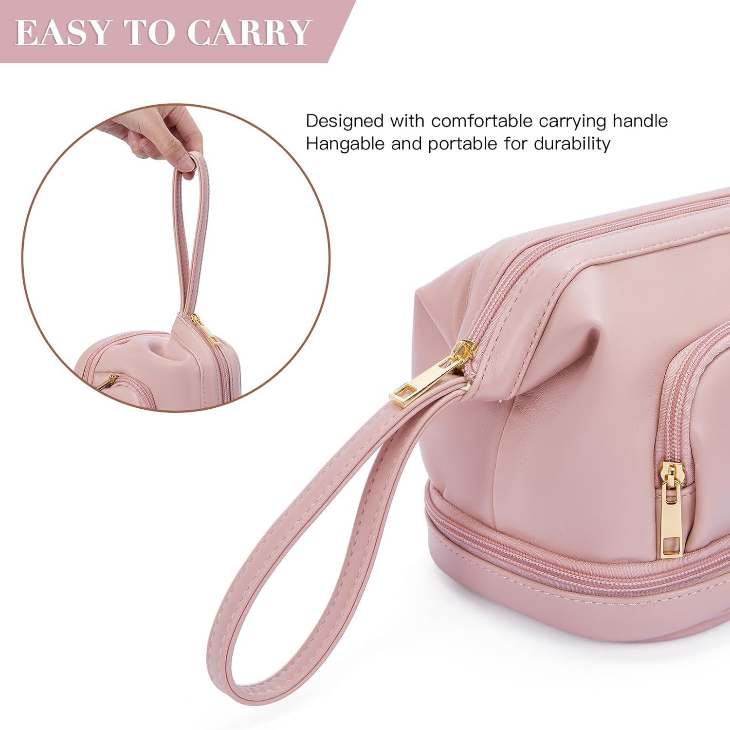 Telena Bolsa de maquillaje de gran capacidad, bolsas de cosméticos de viaje de doble capa, bolsa de maquillaje portátil de cuero para mujeres