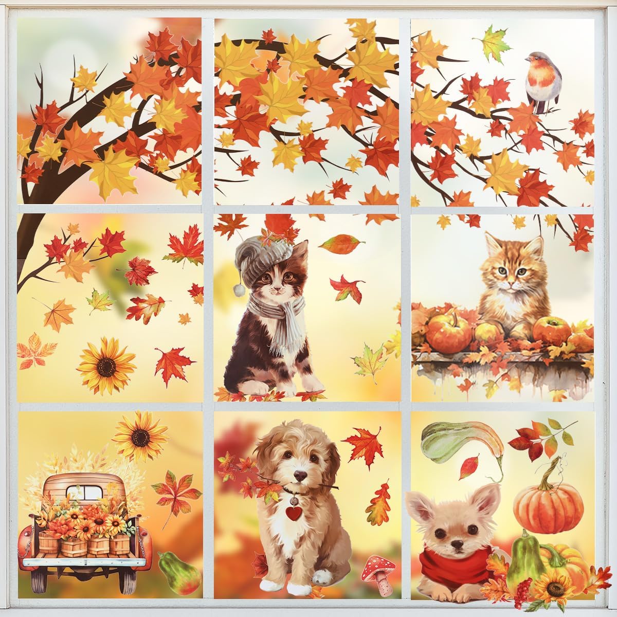 HOWAF 9 hojas de calcomanías para ventana de otoño, cosecha de otoño, perros, gatos, hojas de arce, calabaza, calcomanías de ventana para decoración