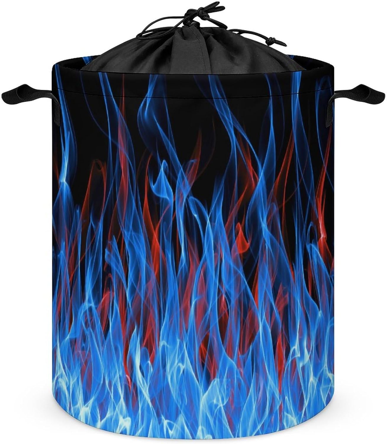 Cesta de lavandería de llama de fuego azul y roja con tapa, plegable, con cordón, bolsa de almacenamiento con asa