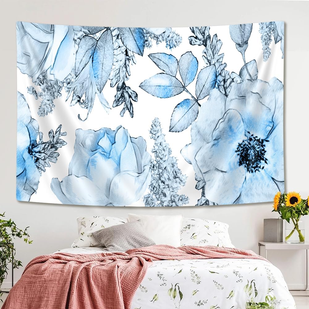 SAOLUIS Tapiz floral, tapiz de flores azules, tapiz estético floral de acuarela, tapiz floral de poliéster, para colgar en la pared para dormitorio,