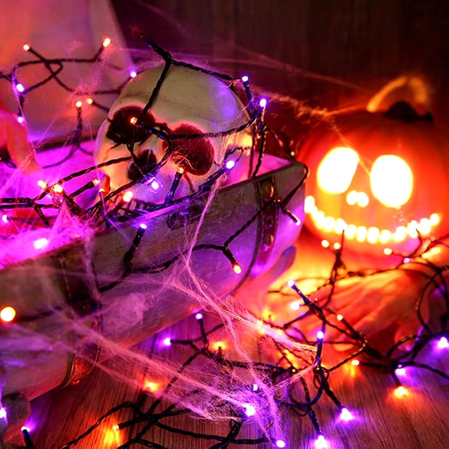 XTF2015 Luces de Halloween, 105 pies, 300 luces LED de Halloween con controlador de sensor de movimiento de música espeluznante, impermeable, luces