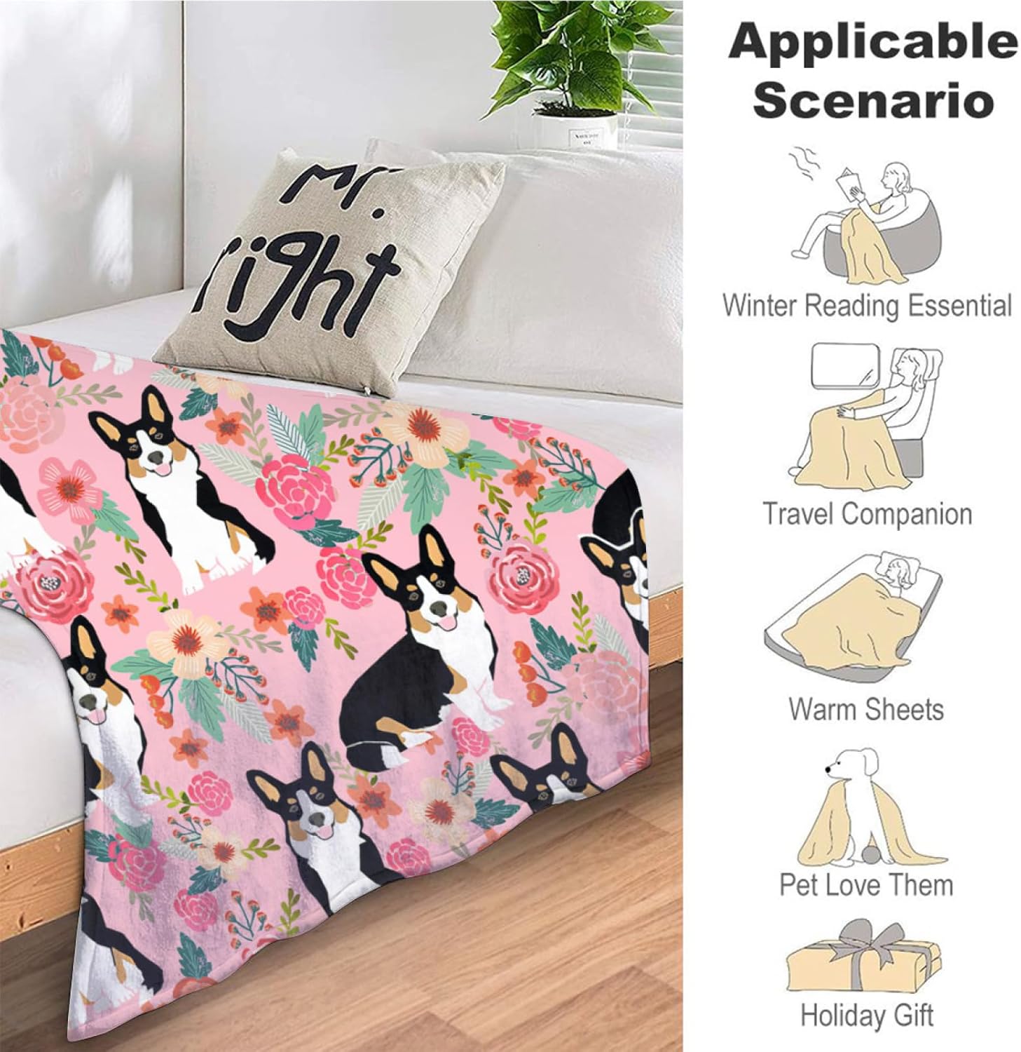 Manta de Corgi regalos para las amantes de Corgi para mujeres, lindas flores corgis, manta de franela de forro polar, suave y cálida manta rosa para