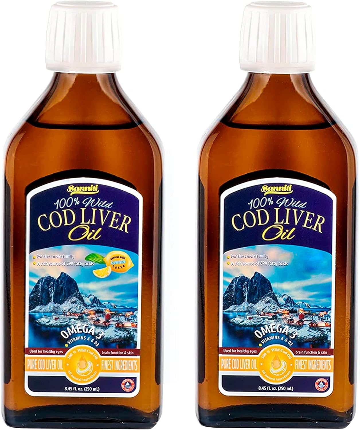 Sanniti Aceite de hígado de bacalao 100% natural, salvaje capturado nórdico, 8.5 fl oz (paquete de 2) (variedad)