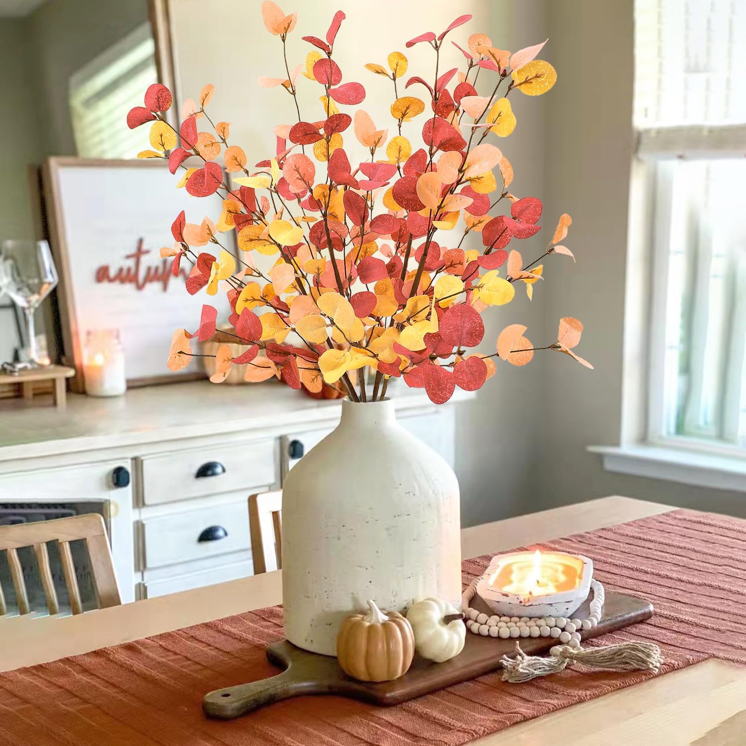 Sawowkuya 6 hojas artificiales de eucalipto de otoño, hojas de otoño, arreglos florales de otoño falsos, tallos florales de otoño, tallos de otoño