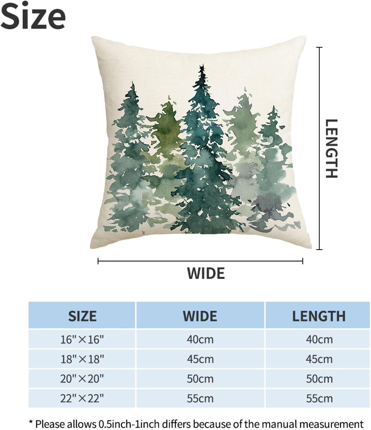Juego de 2 fundas de almohada de árbol de Navidad verde oscuro de 18 x 18 pulgadas, diseño de acuarela de bosque natural, para exteriores, invierno,