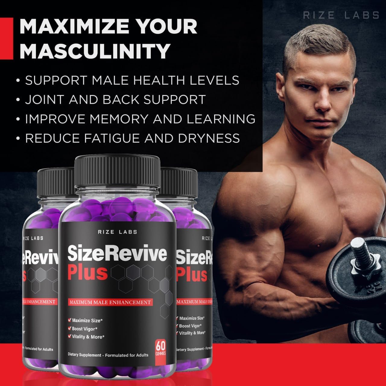 Paquete oficial de 2 gomitas Size Revive Plus, Size Revive Plus para hombres, reseñas de suplemento de rendimiento Size Revive Plus, soporte para
