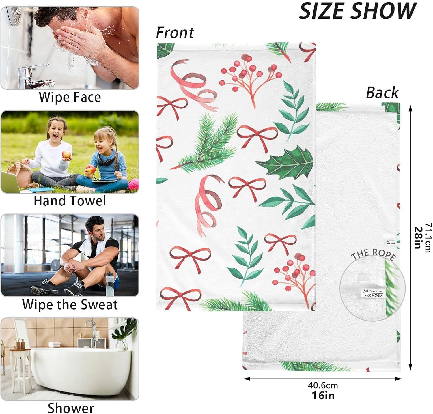 ZOEO Christmas Leaves and Berries Bath Hand Towels 2 Pcs Absorbent Face Towel Soft Breathable Cotton Towel Set for Bathroom Kitchen Hotel Spa Decor