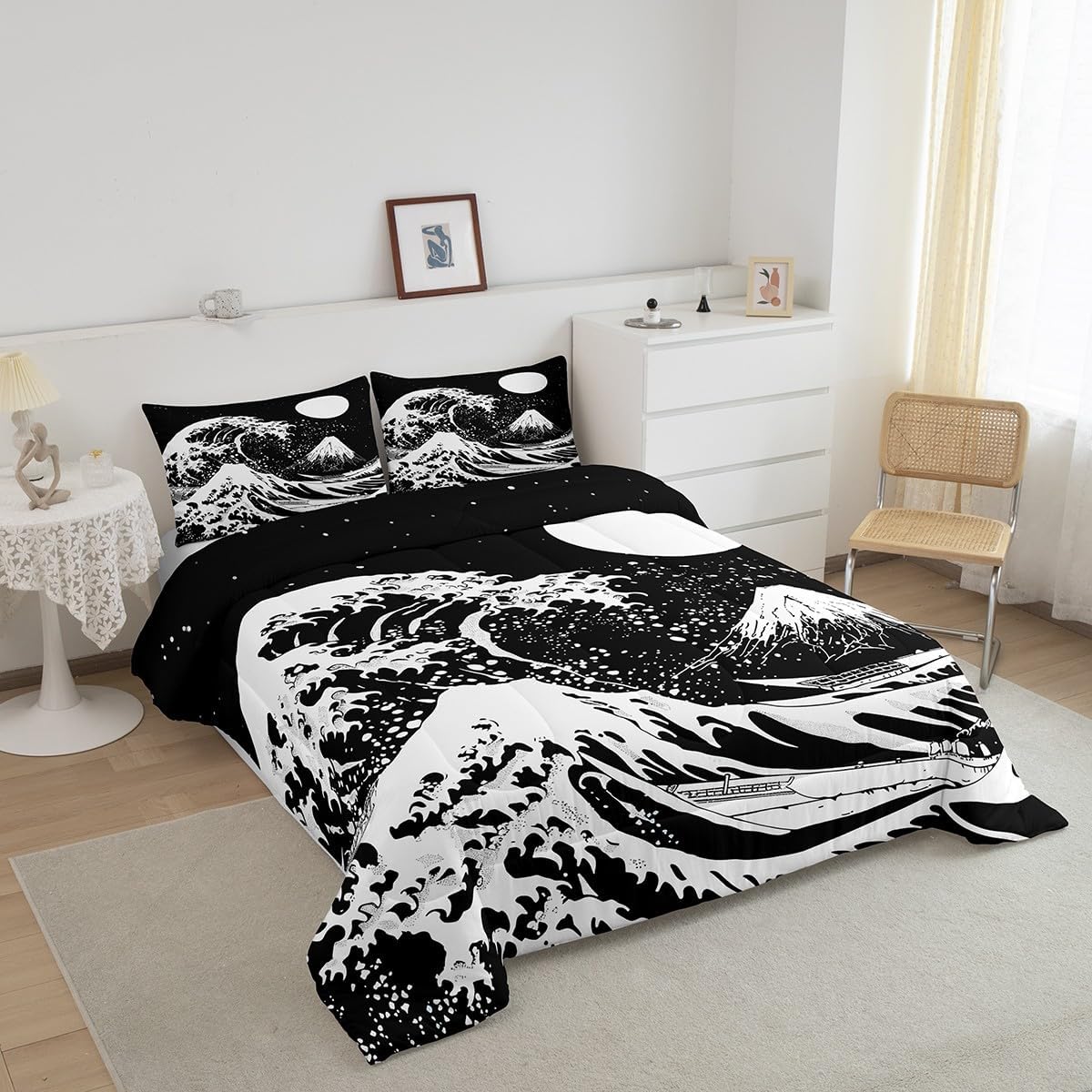 Erosebridal Juego de ropa de cama tamaño King, diseño de olas del océano, edredón de plumón de Fuji de montaña, edredón de estilo japonés, edredón