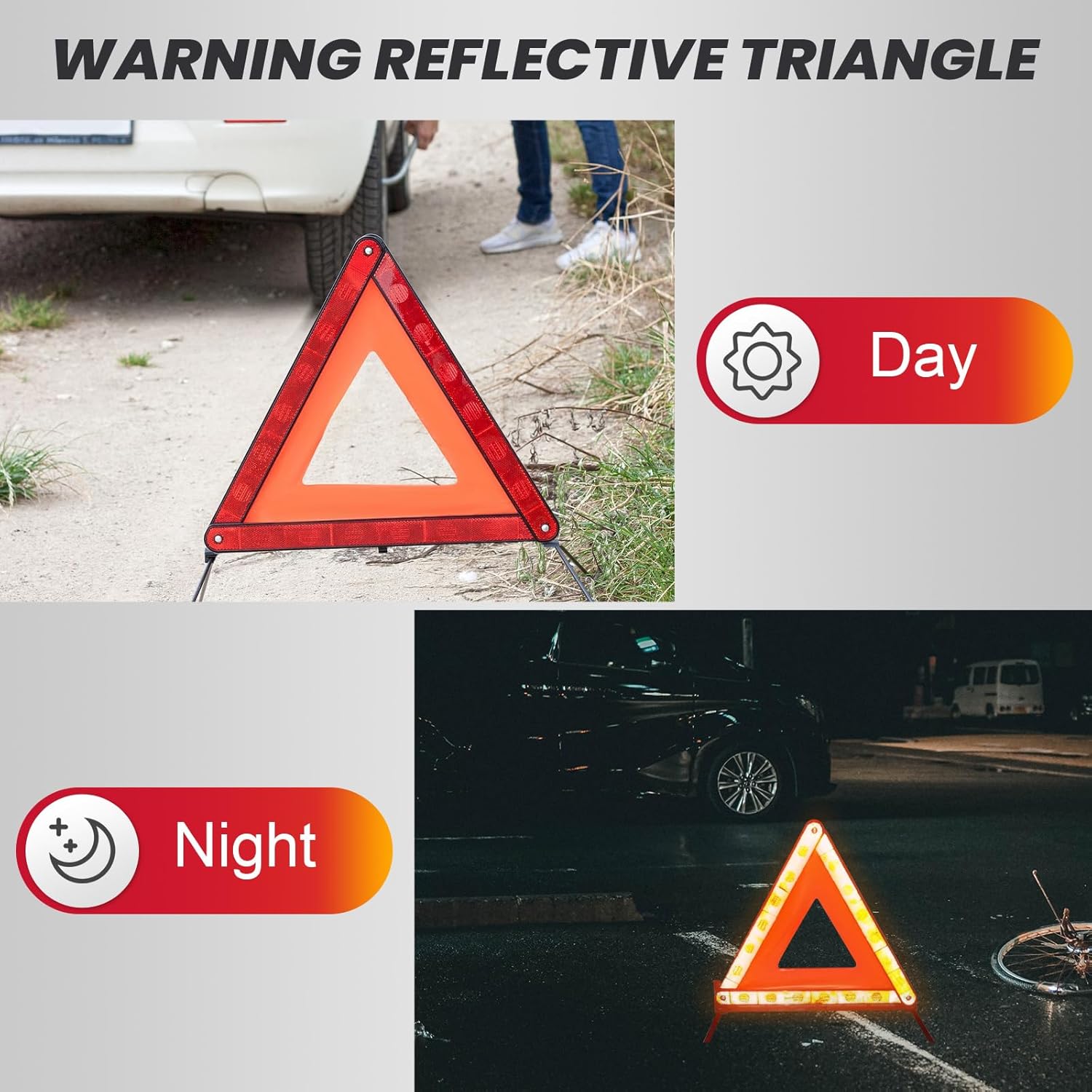 DASBET Triángulos de advertencia de emergencia  Triángulo de seguridad en carretera, paquete de 3 triángulos reflectantes plegables de advertencia
