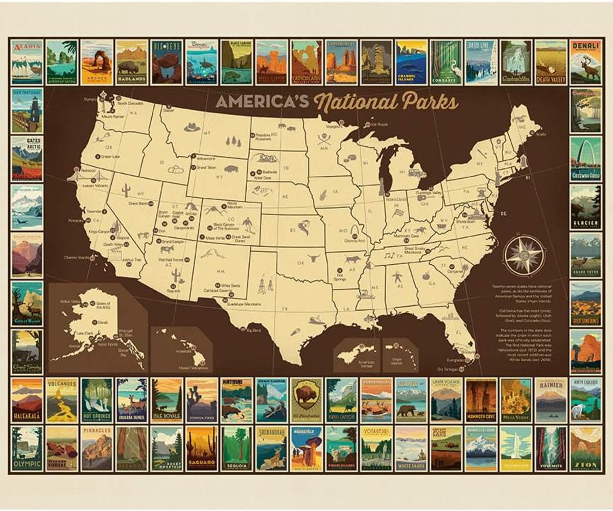 Riley Blake’s America’s National Parks – Panel de póster de 63 parques nacionales, tela acolchada de alta calidad, perfecto para acolchar,