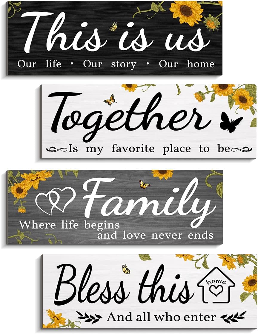 4 carteles de decoración de pared con girasol, This is UsTogetherBless This HomeFamily Hallway, decoración de pared para sala de estar, dormitorio,