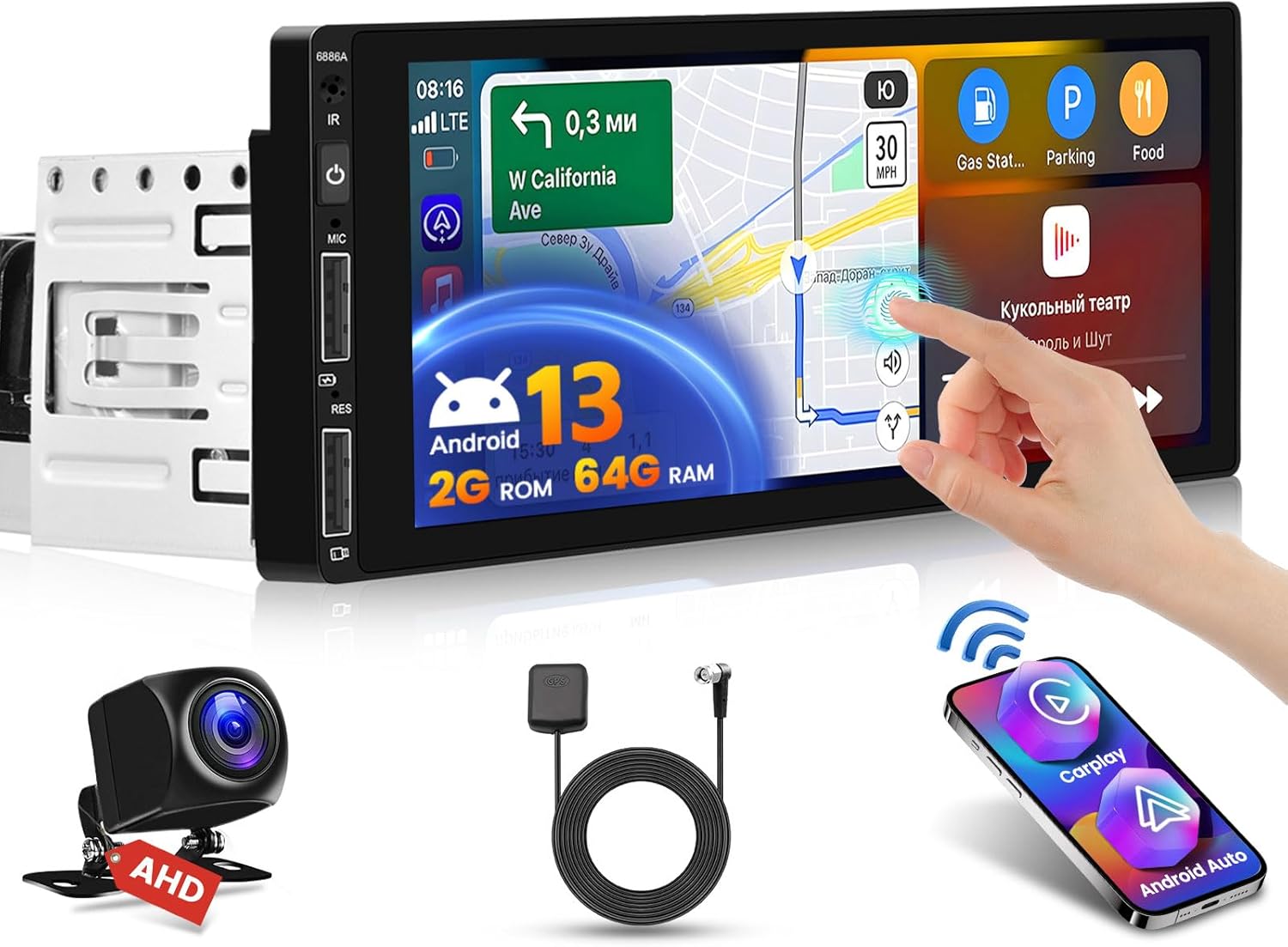 2+64G Android 13 Car Stereo Single DIN Radio inalámbrica Apple Carplay con cable Android Auto, pantalla táctil HD de 6.9 pulgadas estéreo para coche