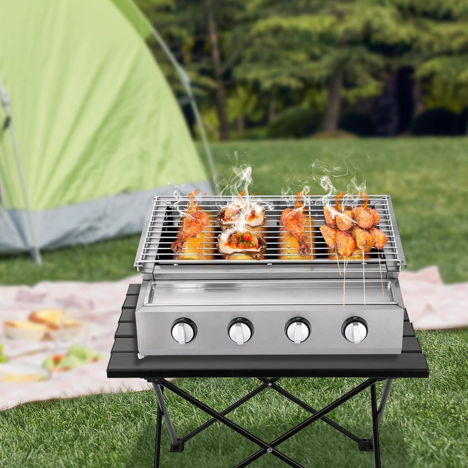 Parrillas de gas portátiles de propano, parrillas de gas propano de 4 quemadores, parrilla de barbacoa de gas al aire libre con bandeja de captura