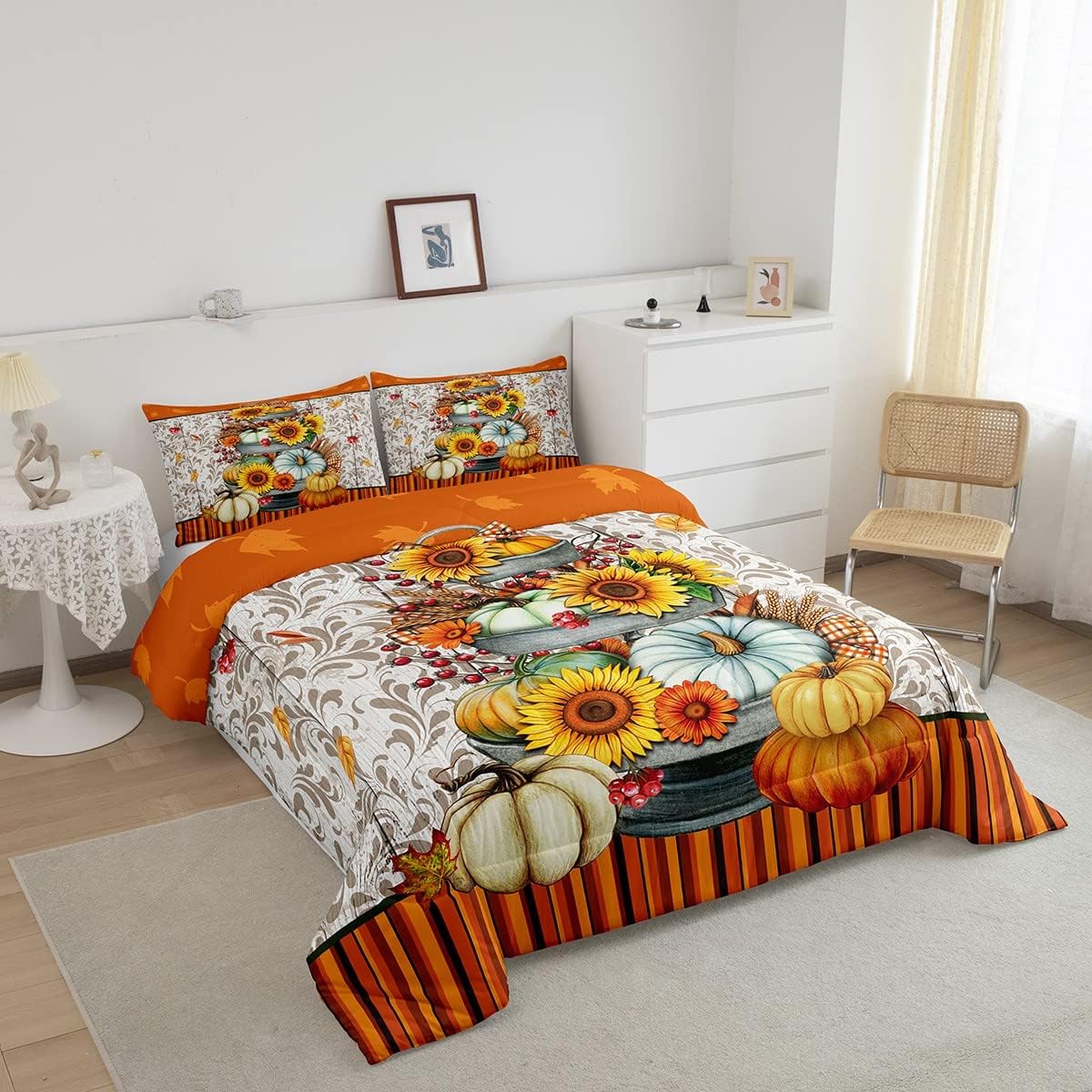 Juego de edredón de calabazas de otoño, tamaño Queen, girasoles y hojas de arce, juego de ropa de cama para el día de Acción de Gracias, decoración