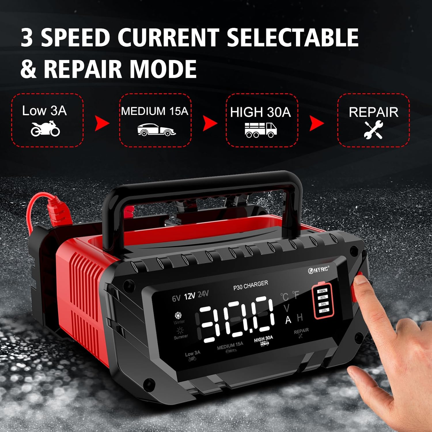 Cargador de batería de 30 amperios, cargador inteligente de goteo 6V12V24V, cargador de batería de coche, litio, Lifepo4, plomo ácido (AGMGelSLA…)