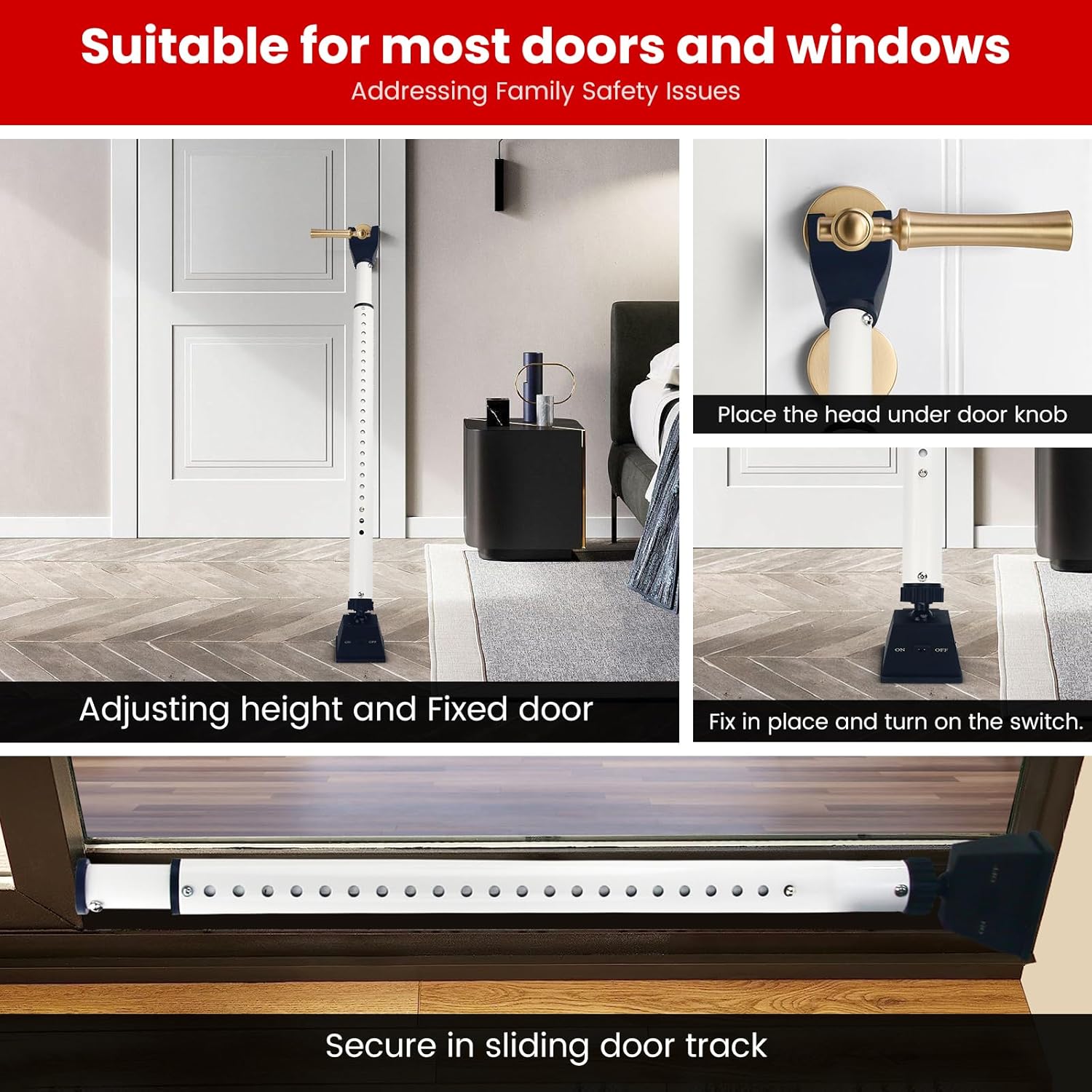 SMOOKY Barra de seguridad para puerta 2 en 1 con alarma y barra de seguridad ajustable para puerta corredera, alarma audible de 120 db, se ajusta