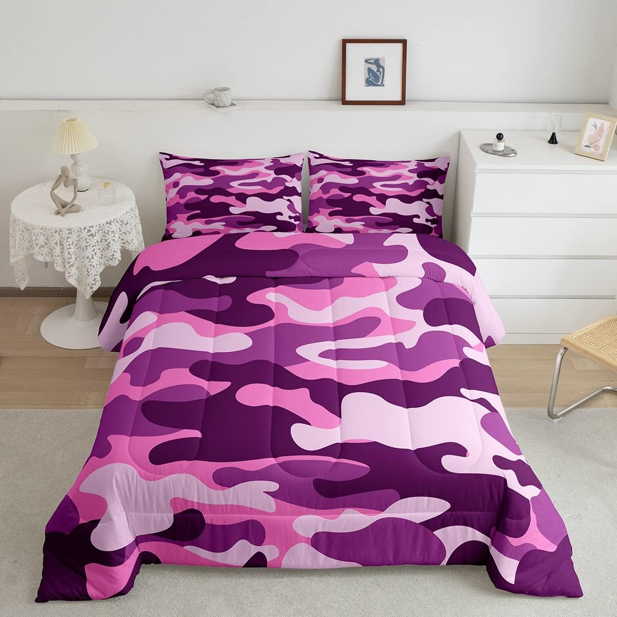Erosebridal Juego de ropa de cama individual de camuflaje rosa y morado para niños, niñas y adolescentes, juego de edredón de camuflaje militar,