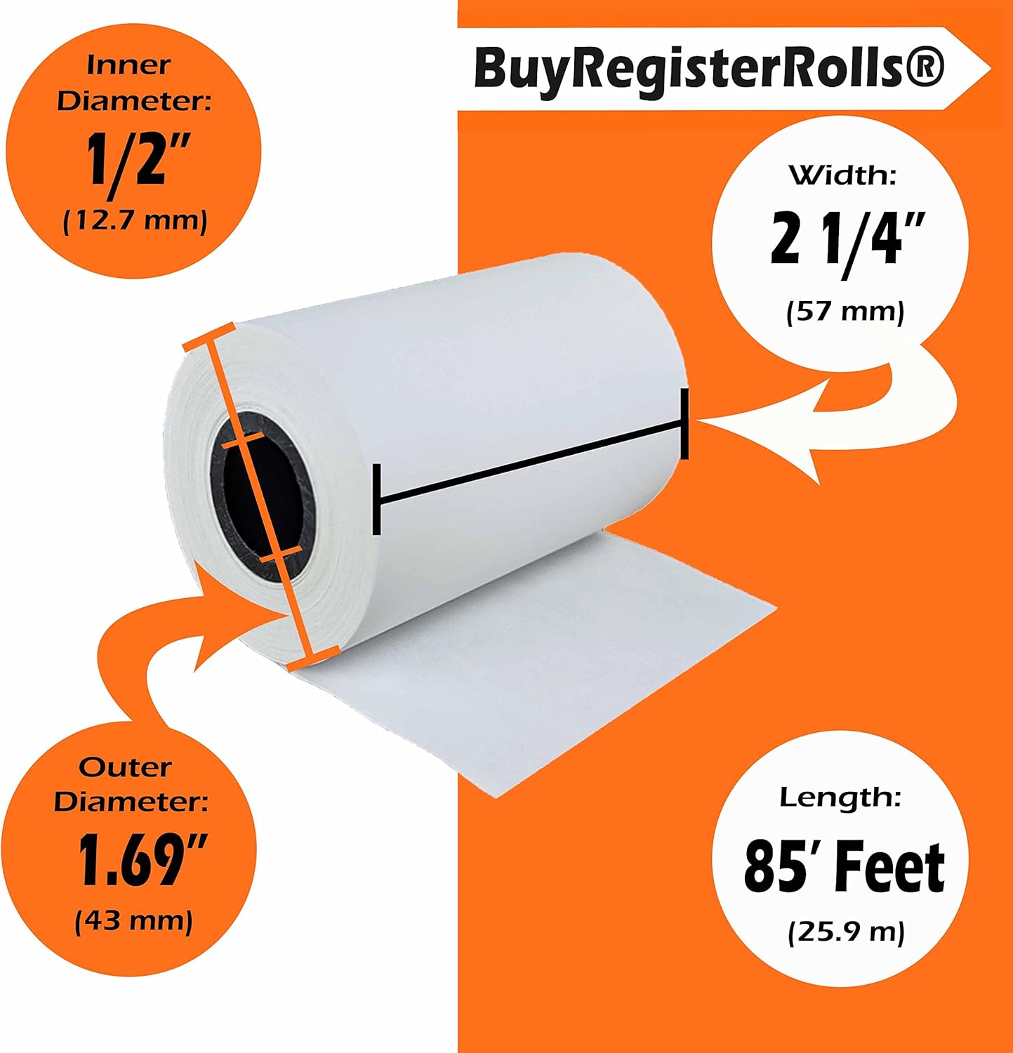 (5 rollos) Rollos de recibos de papel térmico de 2 14 x 85 pies, POScaja registradora, se adapta a todos los terminales de tarjetas de crédito,