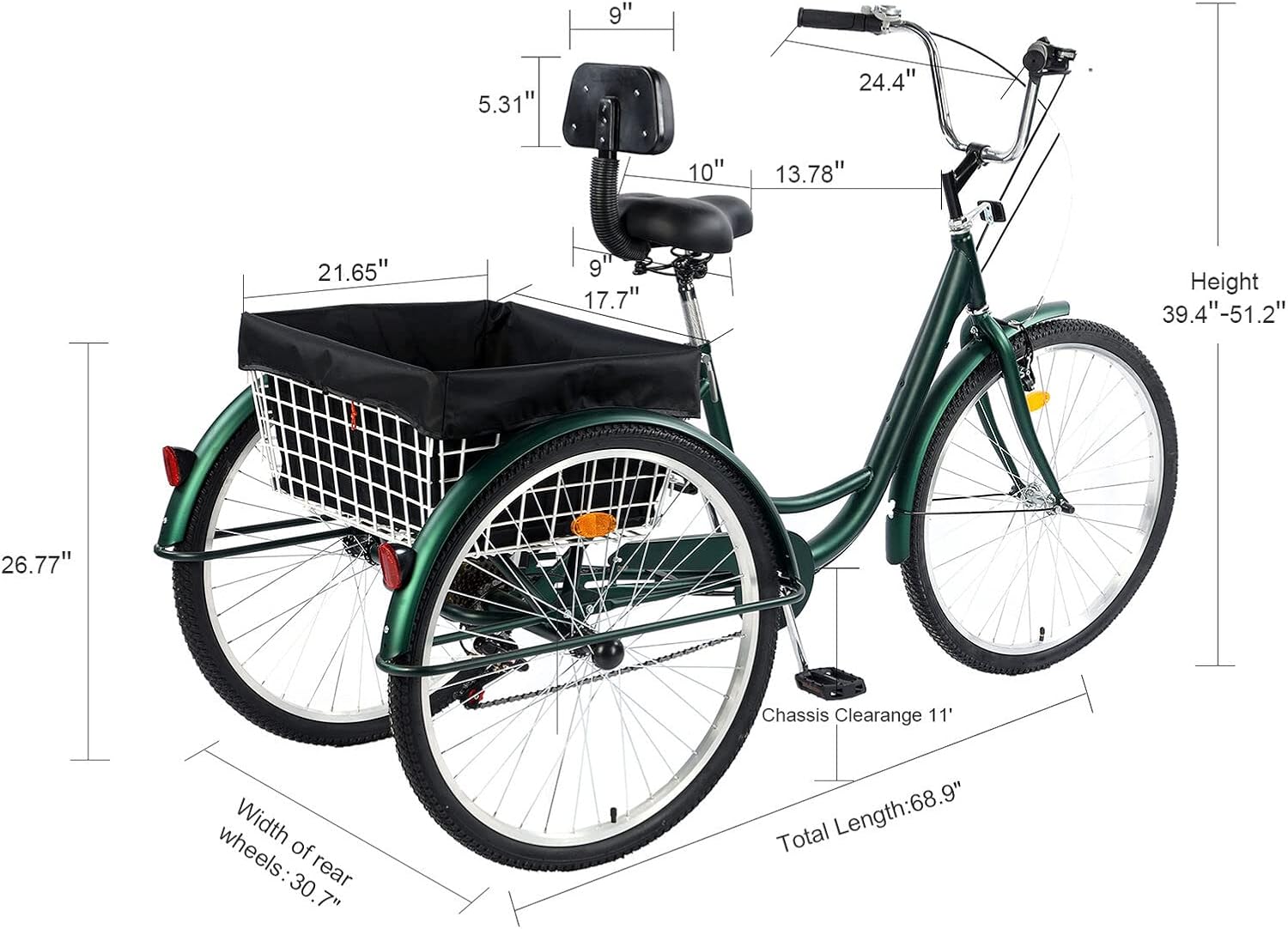 26 inch Adult Tricycle, 7 Speed 3 Wheel Bike for Women Men Seniors, Cruise Trike Bike with Shopping Basket & Lock, Adjustable Seat, Multiple Colors