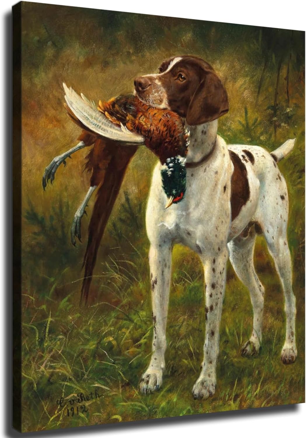 Póster impreso con texto en inglés “A Hunting Dog with a Pheasant” (Un perro de caza con un faisán) – Lienzo decorativo moderno para dormitorio
