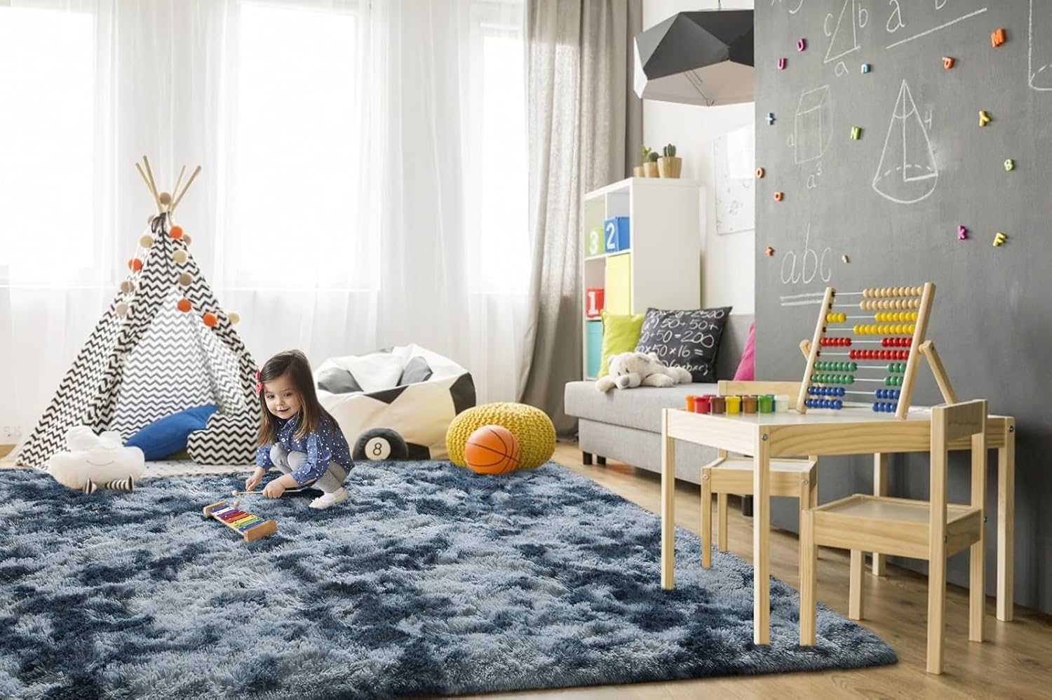 TWINNIS Alfombras grandes de pelo largo de 6 x 9 pulgadas para sala de estar, dormitorio, teñido anudado azul y gris, alfombras de felpa súper