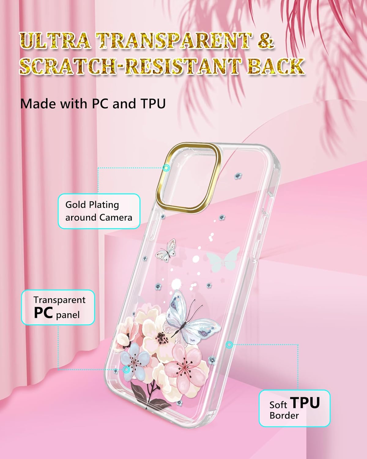 JAHOLAN Funda transparente para iPhone 15 Pro Max, diseño de flores de mariposa, protección a prueba de golpes, delgada, de poliuretano