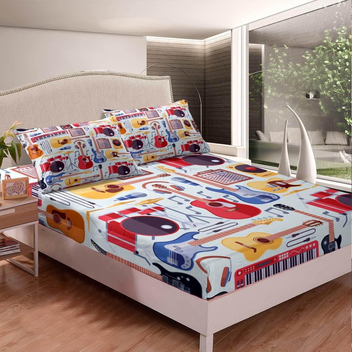 Manfei Juego de sábanas bajeras musicales de tamaño individual, juego de ropa de cama con estampado de auriculares, 2 piezas para niños, niñas,