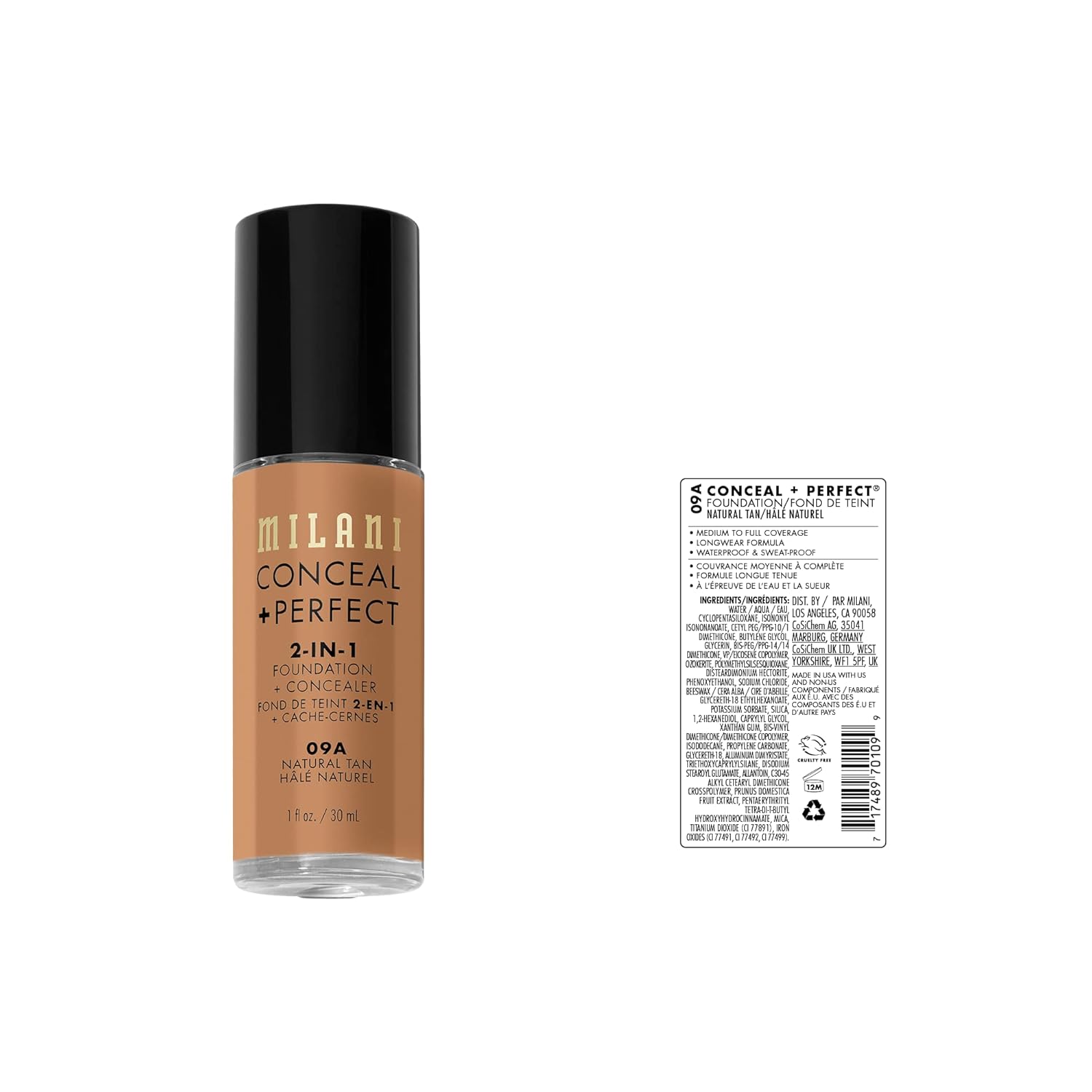 Milani – Conceal + Perfect 2 en 1, Base + Corrector (1 onza fluida) – Base líquida libre de crueldad animal Cubre ojeras, manchas y decoloración de