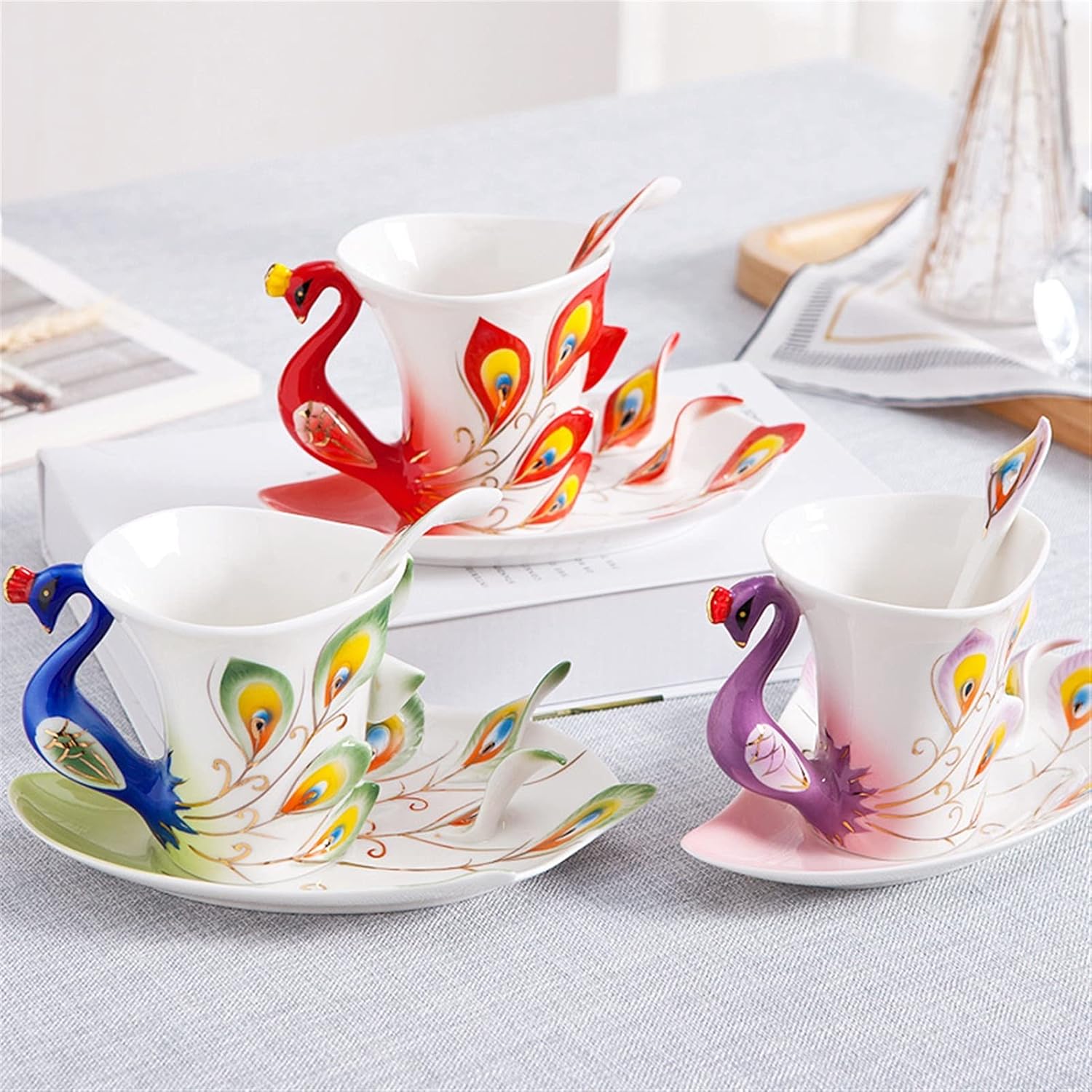 Taza, taza de escritorio de café, taza de cerámica creativa 3D hecha a mano de porcelana esmaltada de pavo real taza de café con platillo y cuchara,
