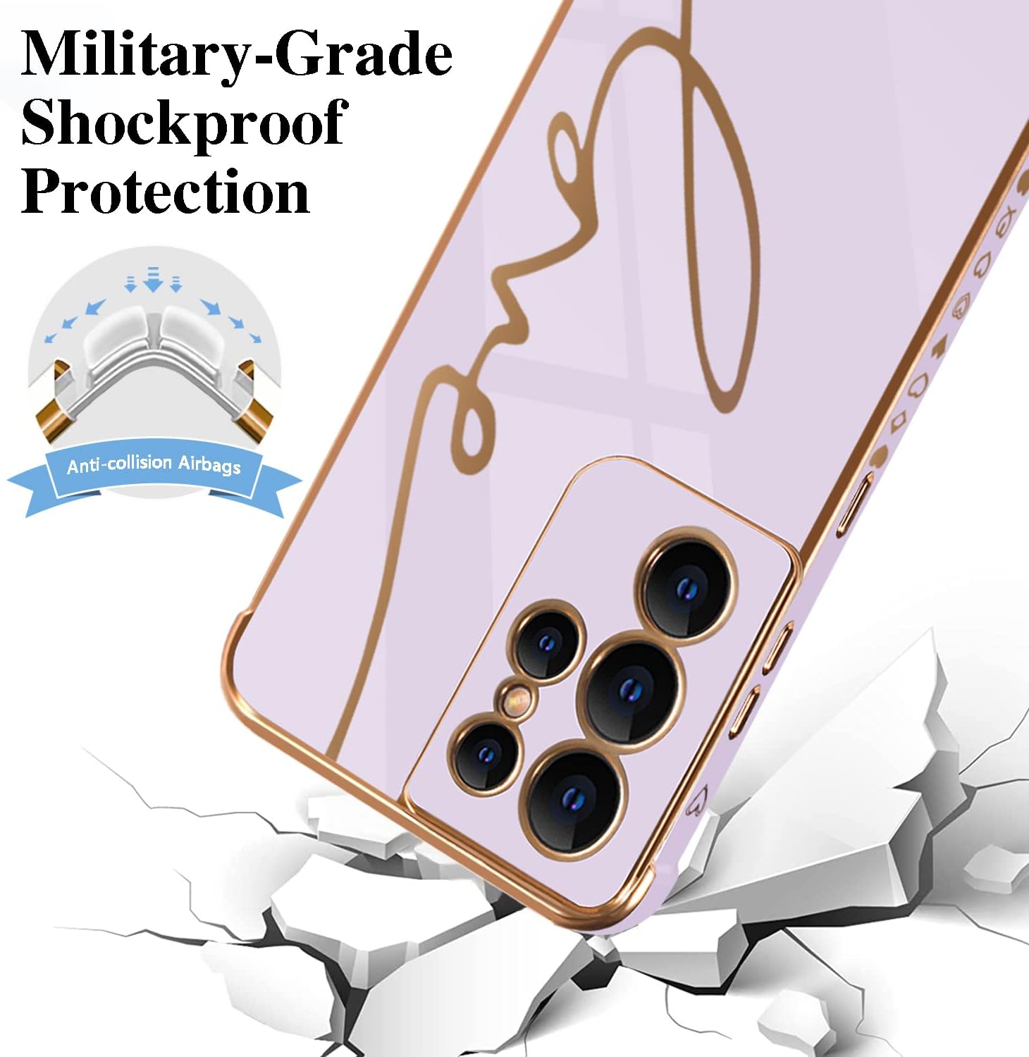 Funda compatible con Samsung Galaxy S21 Ultra 5G de 6.8 pulgadas con bonito corazón de amor lateral y patrón de letras de amor chapado para mujeres