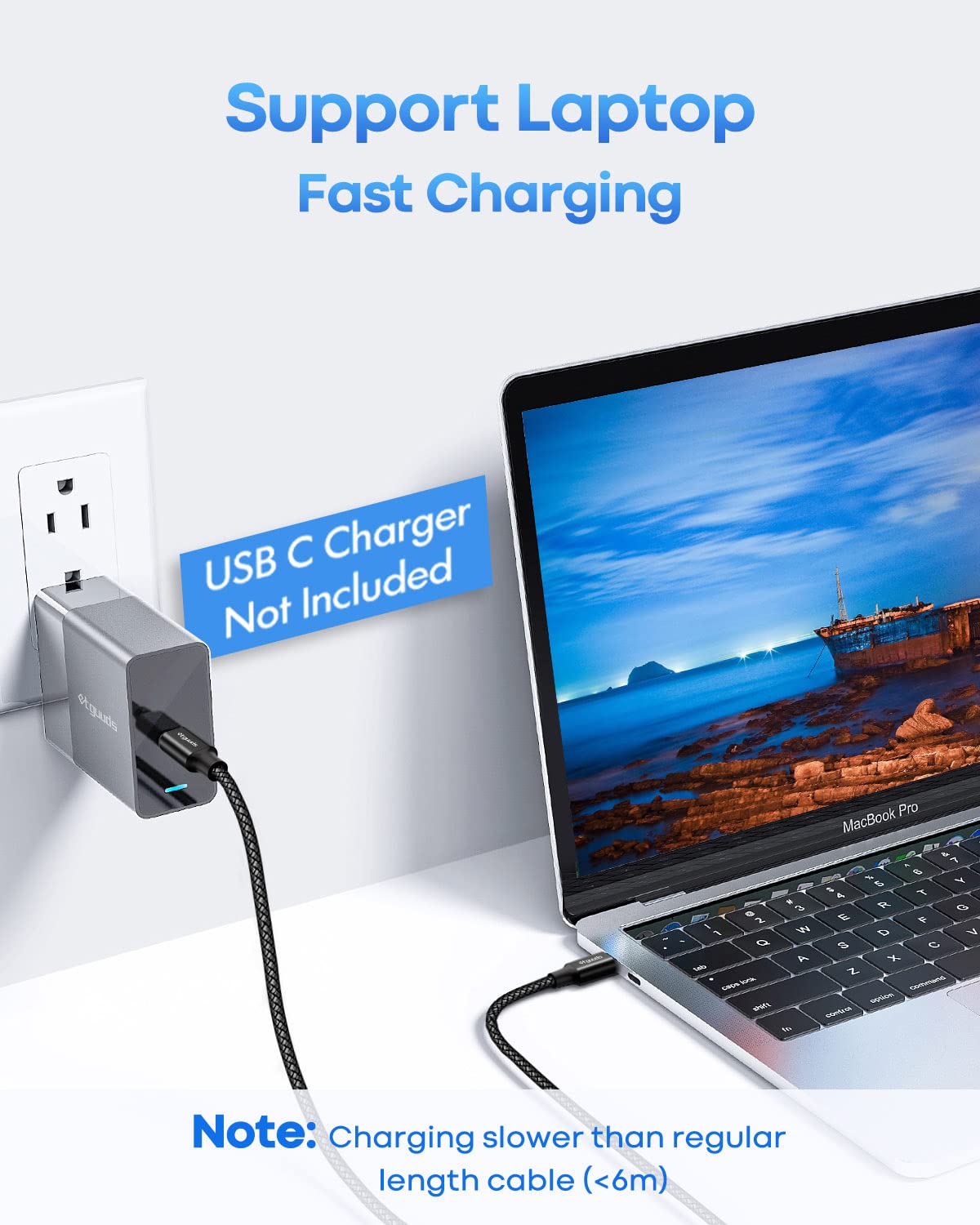 etguuds Cable largo USB C a USB C 20 pies, 1 unidad, cable de carga USB 2.0 tipo C a tipo C, cable trenzado de nailon, para Samsung Galaxy, Note,