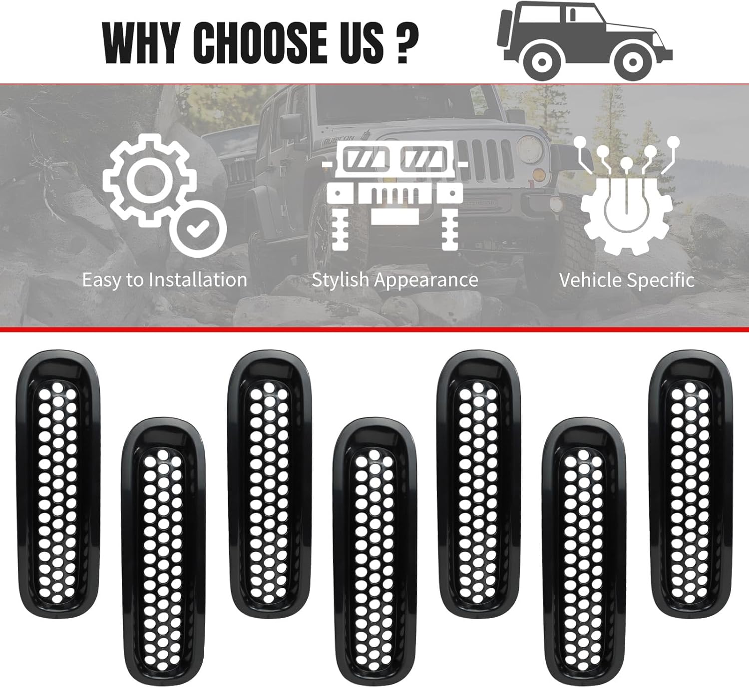 Paquete de 7 insertos de parrilla aptos para Jeep Wrangler JK, protector de rejilla frontal negro compatible con Jeep Wrangler de 2 puertas y 4