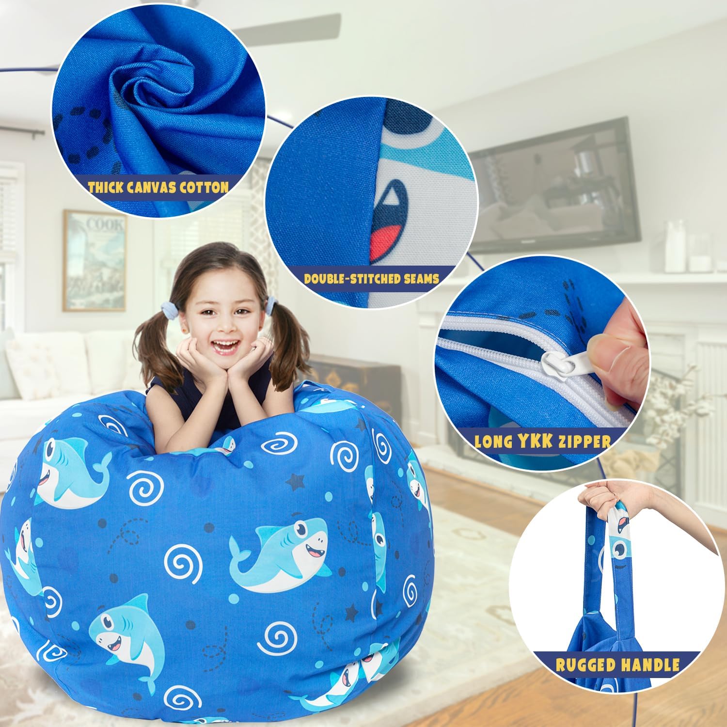 Funda para puf de almacenamiento de animales de peluche, para niños, mantas, toallas, puf (solo funda), sofá de lona con cremallera YKK, tamaño