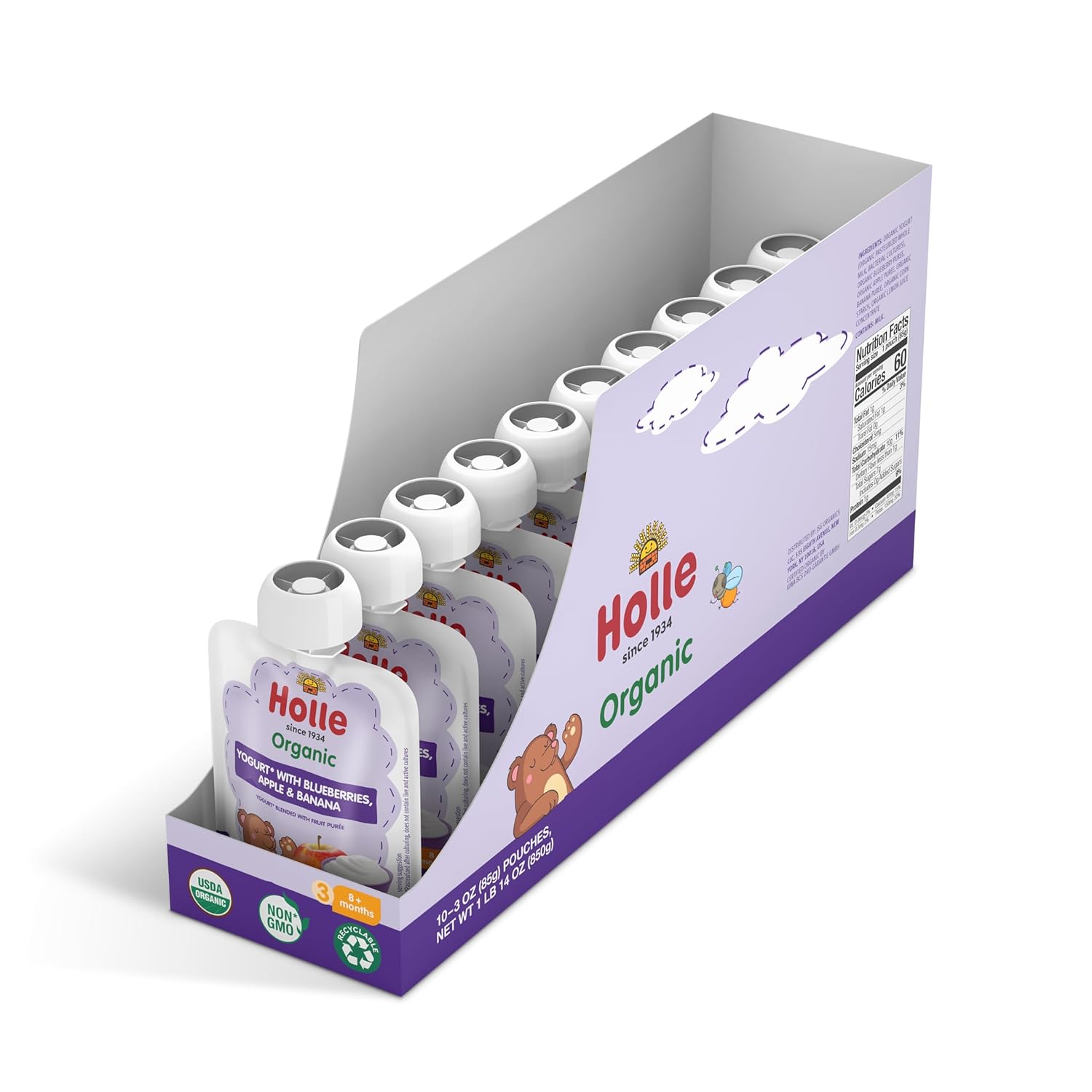 Holle Bolsas de yogur para bebés  Yogur orgánico con puré de manzana, plátano y bayas  Bolsas de yogur bebibles para niños y bebés de 8 meses en
