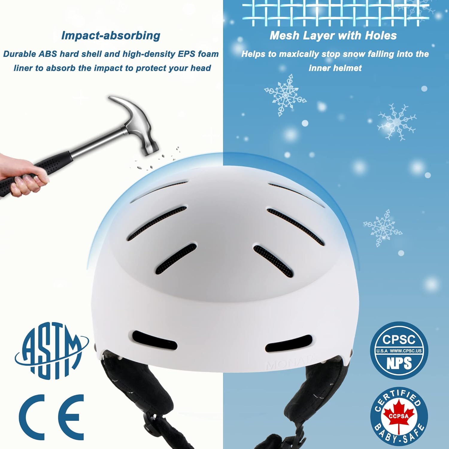MONATA Casco de esquí para snowboard, ajuste de esfera, compatible con gafas, almohadillas para las orejas, cascos de esquí con doble certificación