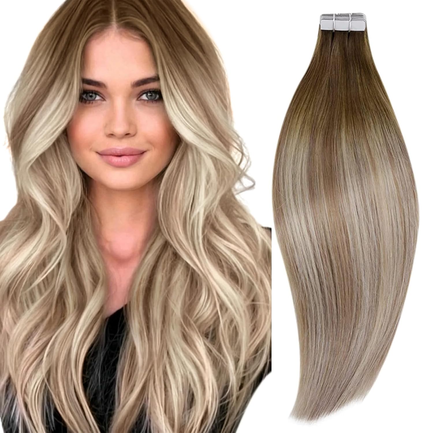 RUNATURE Extensiones de cabello humano Remy con cinta adhesiva, balayage, color marrón nogal degradado a marrón ceniza con rubio claro, extensiones