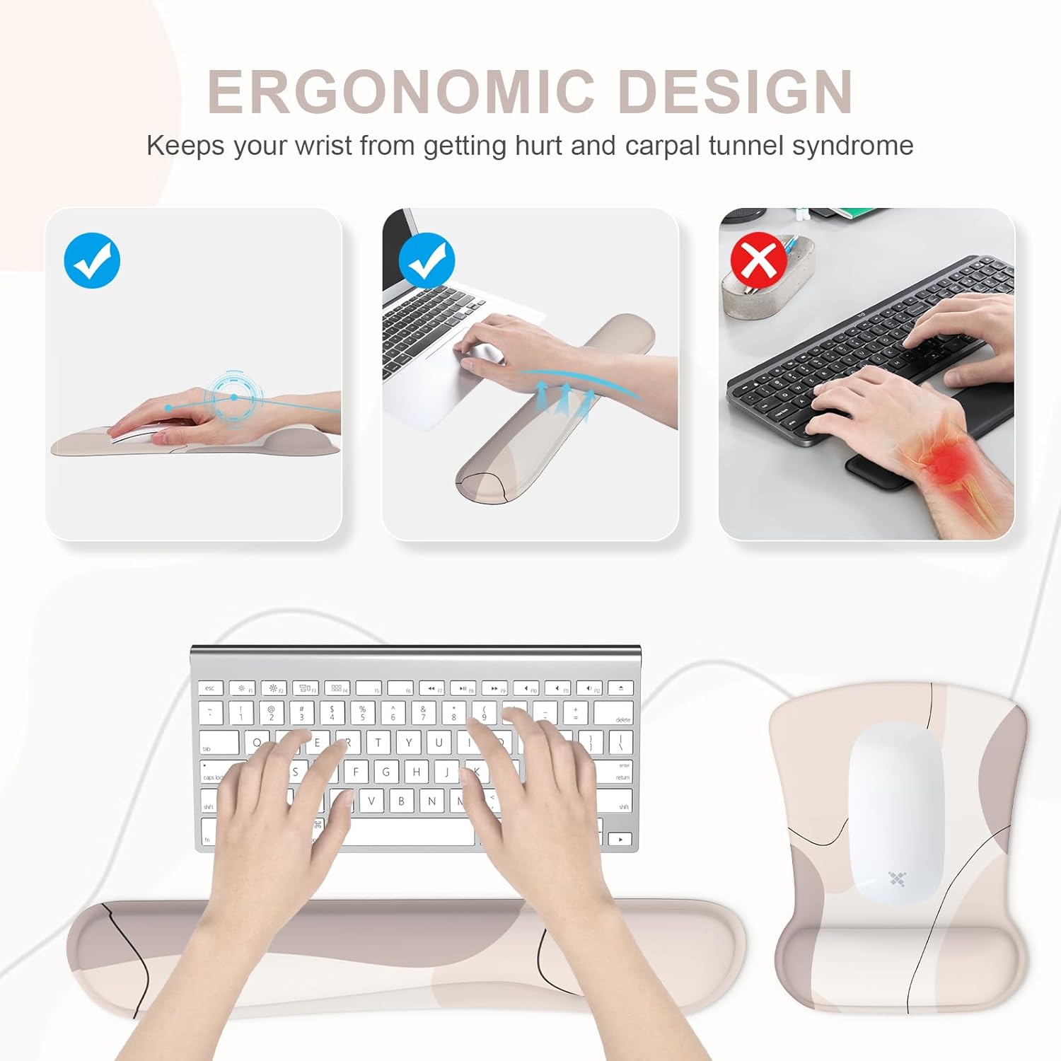 iCasso Reposamuñecas 3 en 1 para teclado + reposamuñecas para mouse + posavasos, base de goma antideslizante, bonita alfombrilla para mouse fácil de