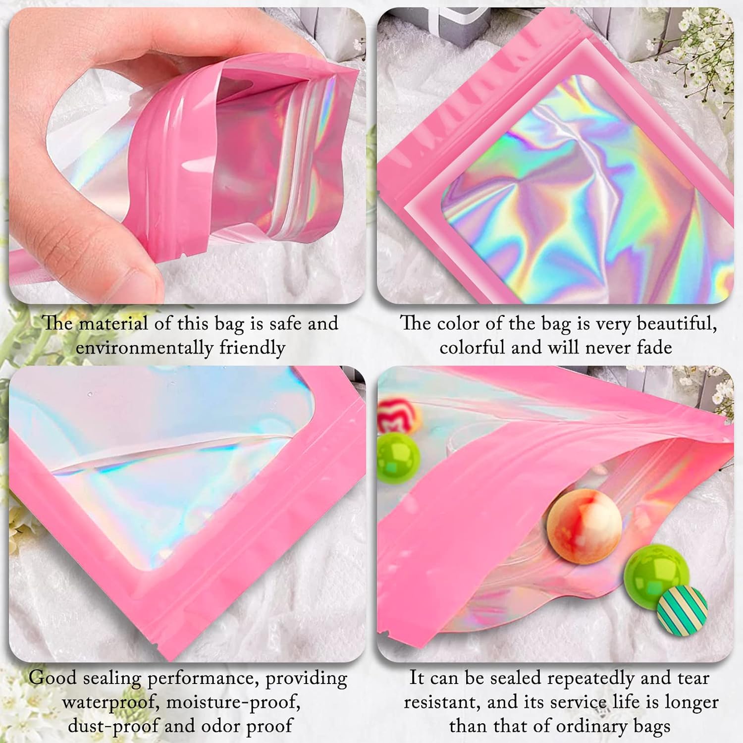 Paquete de 100 bolsas holográficas, bolsas resellables con ventana transparente, bolsa de papel de aluminio resellable para almacenamiento de