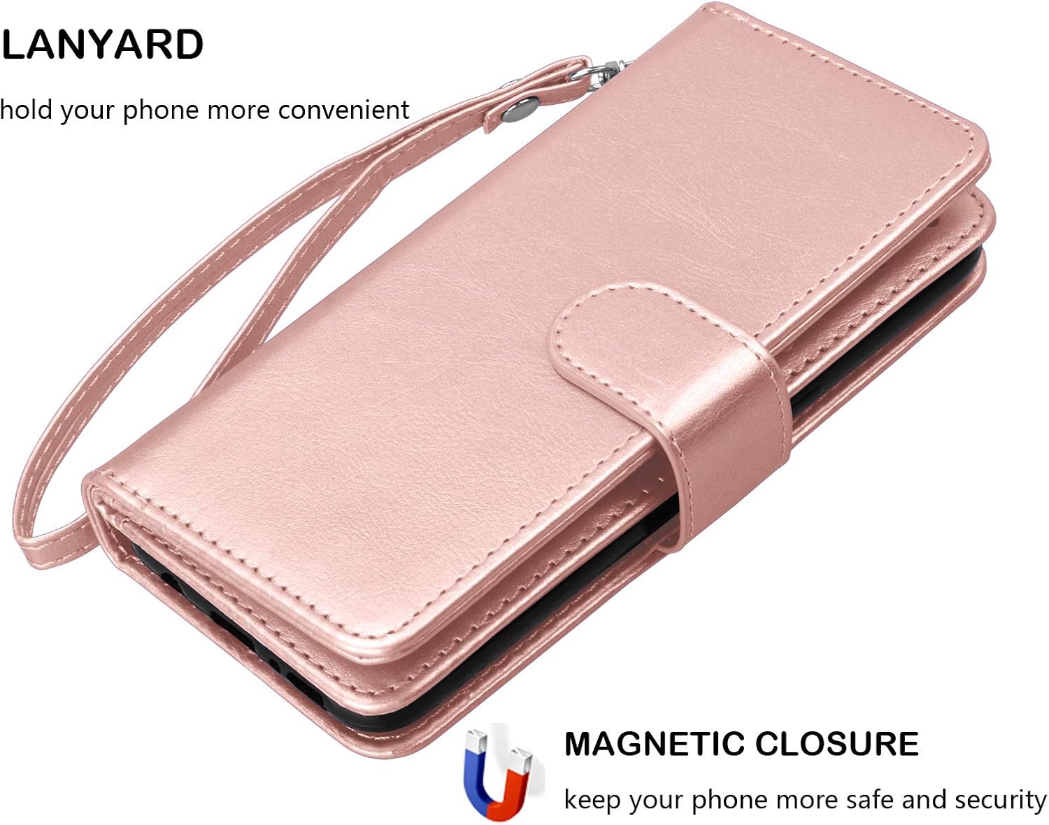 Njjex Funda tipo cartera para iPhone 12 Pro Max de 6.7 pulgadas (2020), 9 ranuras para tarjetas, piel sintética, soporte desmontable, cordón,