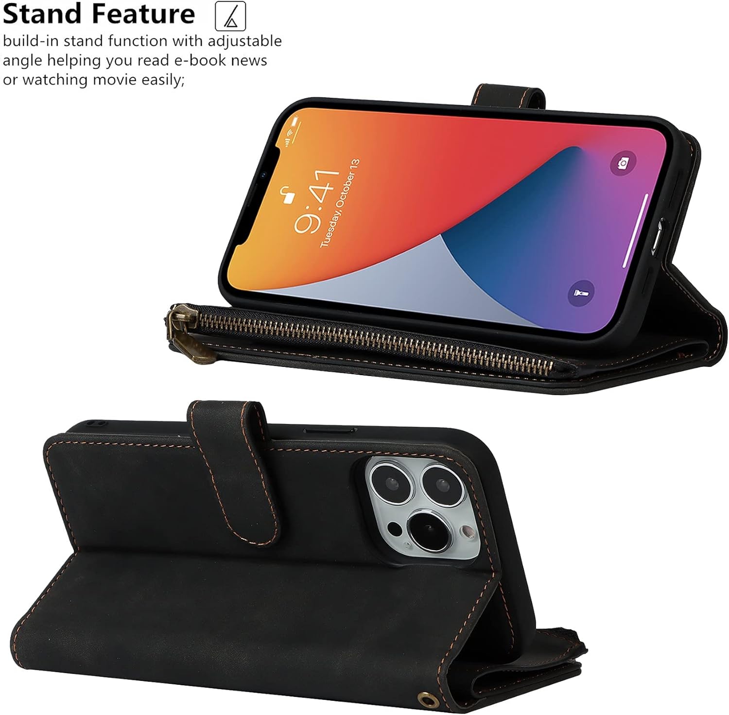 iCoverCase Funda tipo cartera para iPhone 13 Pro con tarjetero y correa para la muñeca, de piel sintética, ranuras para tarjetas, bolsillo con