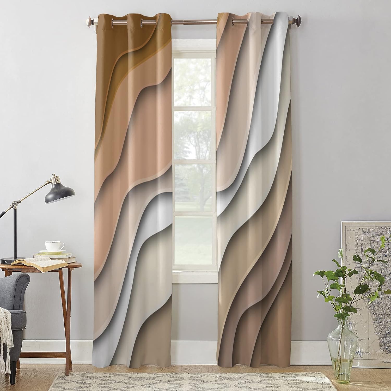 Libaoge Curtains Panels for Kitchen Modern Abstract Geometric Brown Gradient Window Curtains Light Filtering Grommet Top Drapes for Bedroom