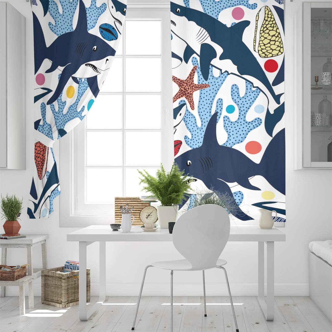 FortuneHouse Blackout Curtains Thermal Insulated Cartoon Sea Animal Blue Shark Solid Pattern Metal Grommet Elegant Room Drapes Window Curtain for
