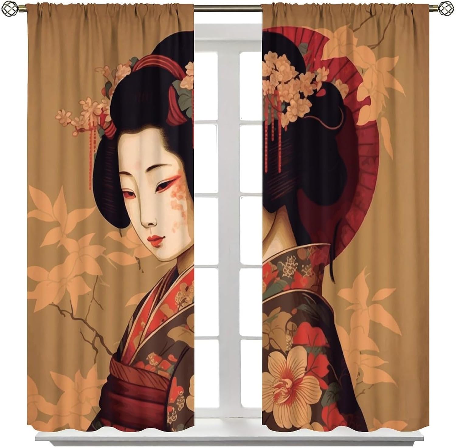Cortina opaca japonesa de Geisha para niña, estilo tradicional con diseño de flor de cerezo, cortinas reductoras de ruido, bolsillo para barra, sala