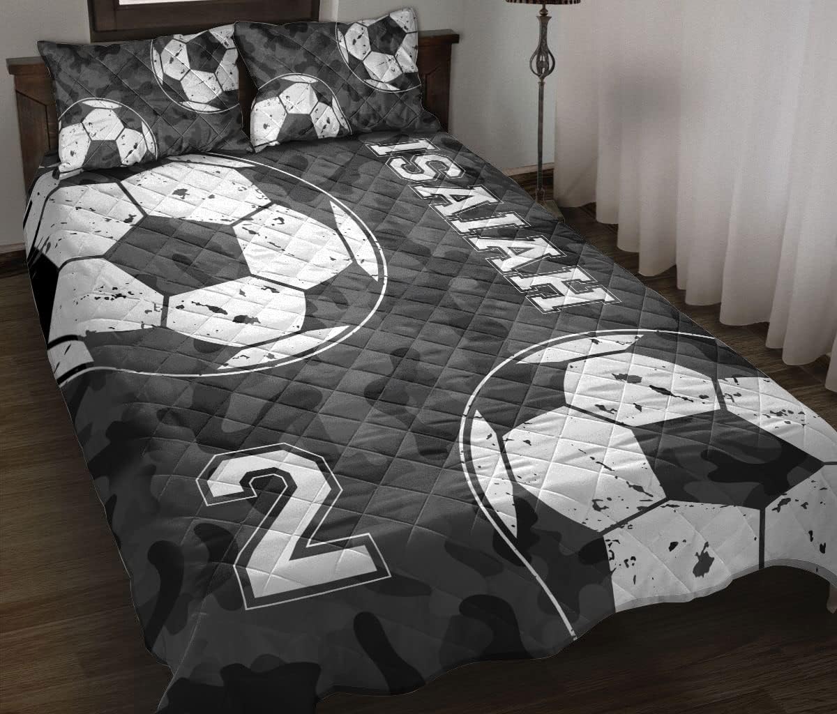 OhaPrints Balón de fútbol personalizado, diseño de camuflaje negro, regalo deportivo, manta personalizada con nombre y fundas de almohada, juego de